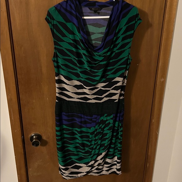 BCBG Maxazria Sleeveless Green & Blue Patterned Cowl Neck Dress - Picture 3 of 4